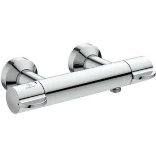 Brausethermostat aus Chrom von Ideal Standard mit zwei Hebeln zur Temperatur- und Wassermengenregulierung, fest an der Wand montiert.